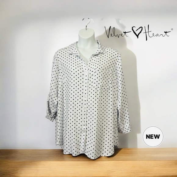 NEW, Velvet Heart, Plus Size Polka Dot Blouse, 2X. Black & White - Picture 1 of 10